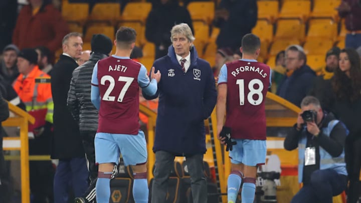 WOLVERHAMPTON, ENGLAND – DECEMBER 04: Manuel Pellegrini, Manager of West Ham United greets Albian Ajeti and Pablo Fornals of West Ham United following the Premier League match between Wolverhampton Wanderers and West Ham United at Molineux on December 04, 2019 in Wolverhampton, United Kingdom. (Photo by Catherine Ivill/Getty Images)