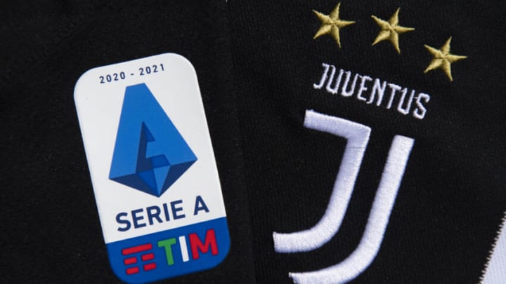 MANCHESTER, ENGLAND - MAY 10: The Serie A logo and Juventus club badge on their first team home shirt amid talk of Serie A expelling Juventus if they enter the European Super League on May 10, 2021 in Manchester, United Kingdom. (Photo by Visionhaus/Getty Images)