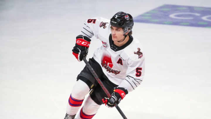 KITCHENER, ONTARIO - MARCH 23: Denton Mateychuk #5 of Team White skates during morning skate prior to the 2022 CHL/NHL Top Prospects Game at Kitchener Memorial Auditorium on March 23, 2022 in Kitchener, Ontario. (Photo by Chris Tanouye/Getty Images)