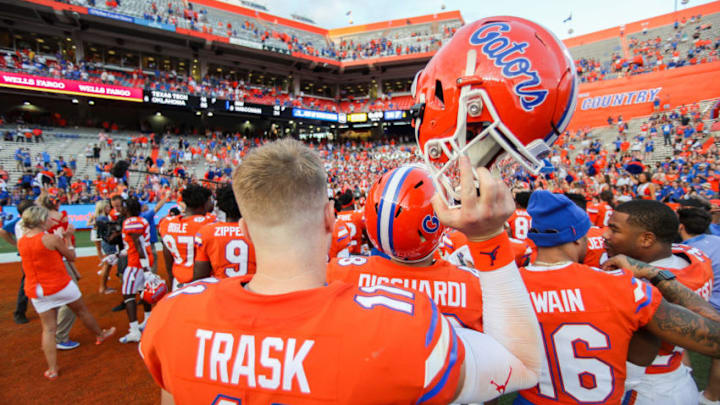 GAINESVILLE, FLORIDA - SEPTEMBER 28: Kyle Trask #11 of the Florida Gators celebrates with his team after a game against the Towson Tigers at Ben Hill Griffin Stadium on September 28, 2019 in Gainesville, Florida. (Photo by James Gilbert/Getty Images)
