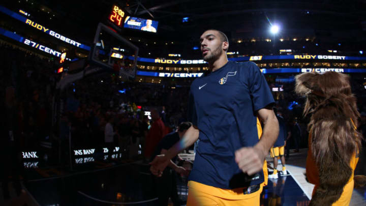 SALT LAKE CITY, UT - JANUARY 20: Rudy Gobert #27 of the Utah Jazz makes his entrance before the game against the LA Clippers on January 20, 2018 at Vivint Smart Home Arena in Salt Lake City, Utah. Copyright 2018 NBAE (Photo by Melissa Majchrzak/NBAE via Getty Images)