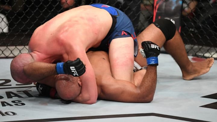 PRAGUE, CZECH REPUBLIC - FEBRUARY 23: (L-R) Stefan Struve of The Netherlands secures an arm triangle choke against Marcos Rogerio De Lima of Brazil in their heavyweight bout during the UFC Fight Night event at O2 Arena on February 23, 2019 in the Prague, Czech Republic. (Photo by Jeff Bottari/Zuffa LLC/Zuffa LLC via Getty Images)