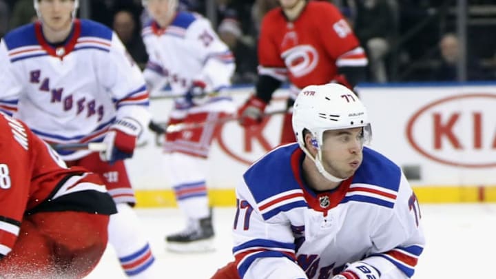 NEW YORK, NEW YORK - FEBRUARY 08: Tony DeAngelo #77 of the New York Rangers skates against the Carolina Hurricanes at Madison Square Garden on February 08, 2019 in New York City. The Hurricanes shut-out the Rangers 3-0. (Photo by Bruce Bennett/Getty Images)