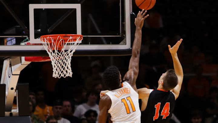 KNOXVILLE, TN - OCTOBER 31: Kyle Alexander #11 of the Tennessee Volunteers blocks a shot during the game between the Tusculum Pioneers and the Tennessee Volunteers at Thompson-Boling Arena on October 31, 2018 in Knoxville, Tennessee. (Photo by Donald Page/Getty Images) KNOXVILLE, TN - OCTOBER 31: Kyle Alexander #11 of the Tennessee Volunteers blocks a shot during the game between the Tusculum Pioneers and the Tennessee Volunteers at Thompson-Boling Arena on October 31, 2018 in Knoxville, Tennessee. (Photo by Donald Page/Getty Images)