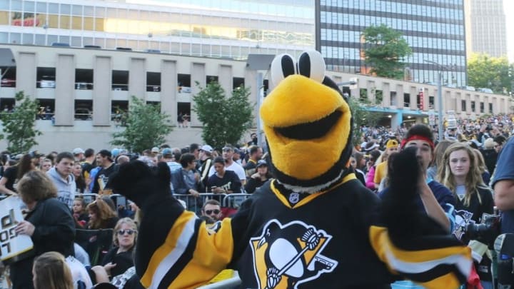 Jun 9, 2016; Pittsburgh, PA, USA; Pittsburgh Penguins mascot Iceburgh performs for fans before game five of the 2016 Stanley Cup Final against the San Jose Sharks at Consol Energy Center. Mandatory Credit: Jerry Lai-USA TODAY Sports