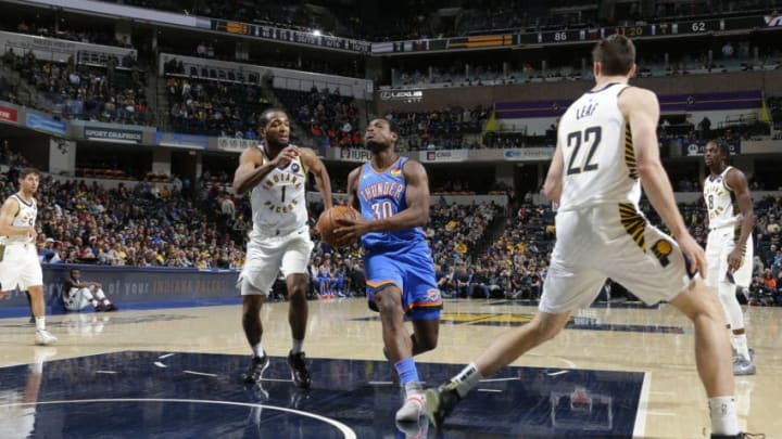 Deonte Burton #30 of the OKC Thunder drives to the basket against the Indiana Pacers on November 12, 2019 at Bankers Life Fieldhouse (Photo by Ron Hoskins/NBAE via Getty Images)
