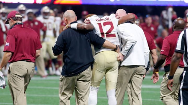 ATLANTA, GA - SEPTEMBER 02: Deondre Francois (12) is helped off the field after a knee injury during the college football game between the Alabama Crimson Tide and the Florida State University Seminoles on September 02, 2017 at the Mercedes-Benz Stadium in Atlanta, GA. (Photo by David J. Griffin/Icon Sportswire via Getty Images) ATLANTA, GA - SEPTEMBER 02: Deondre Francois (12) is helped off the field after a knee injury during the college football game between the Alabama Crimson Tide and the Florida State University Seminoles on September 02, 2017 at the Mercedes-Benz Stadium in Atlanta, GA. (Photo by David J. Griffin/Icon Sportswire via Getty Images)