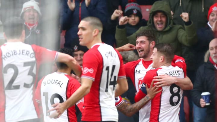 SOUTHAMPTON, ENGLAND - JANUARY 27: Jack Stephens of Southampton celebrates after scoring his sides first goal with his team mates during The Emirates FA Cup Fourth Round match between Southampton and Watford at St Mary's Stadium on January 27, 2018 in Southampton, England. (Photo by Clive Rose/Getty Images)