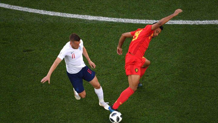 KALININGRAD, RUSSIA – JUNE 28: Jamie Vardy of England tackles Moussa Dembele of Belgium during the 2018 FIFA World Cup Russia group G match between England and Belgium at Kaliningrad Stadium on June 28, 2018 in Kaliningrad, Russia. (Photo by Matthias Hangst/Getty Images)