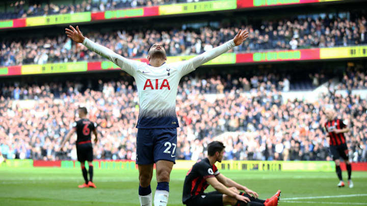 LONDON, ENGLAND - APRIL 13: Lucas Moura of Spurs celebrates scoring his third goal during the Premier League match between Tottenham Hotspur and Huddersfield Town at Tottenham Hotspur Stadium on April 13, 2019 in London, United Kingdom. (Photo by Julian Finney/Getty Images)
