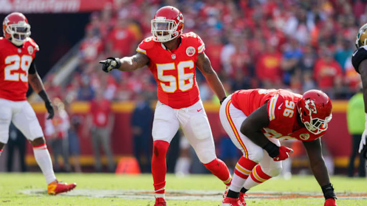 KANSAS CITY, MO - NOVEMBER 6: Inside linebacker Derrick Johnson #56 of the Kansas City Chiefs sets an alignment call for his defensive backs against the Jacksonville Jaguars at Arrowhead Stadium during the second quarter of the game on November 6, 2016 in Kansas City, Missouri. (Photo by Jamie Squire/Getty Images)