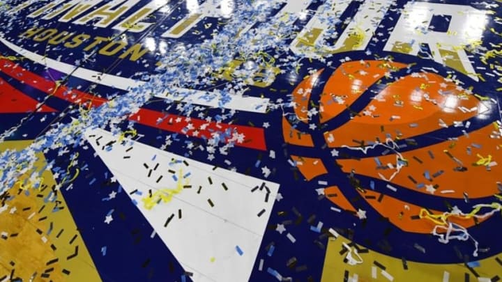 Apr 4, 2016; Houston, TX, USA; General view of confetti on the court after the championship game of the 2016 NCAA Men