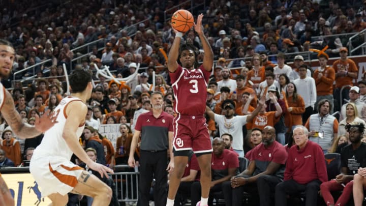 Feb 18, 2023; Austin, Texas, USA; Oklahoma Sooners guard Otega Oweh (3) shoots during the second half against the Texas Longhorns at Moody Center. Mandatory Credit: Scott Wachter-USA TODAY Sports