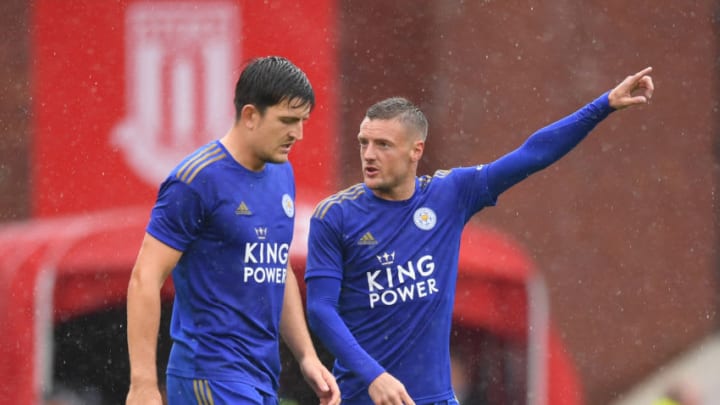 STOKE ON TRENT, ENGLAND - JULY 27: Harry Maguire of Leicester speaks to Jamie Vardy of Leicester during the Pre-Season Friendly match between Stoke City and Leicester City at the Bet365 Stadium on July 27, 2019 in Stoke on Trent, England. (Photo by Michael Regan/Getty Images)