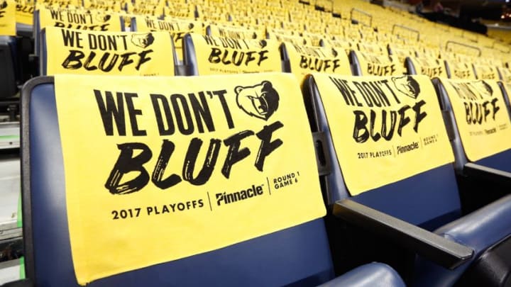MEMPHIS, TN - APRIL 27: Rally towels decorate the seats at the FedExForum prior to Game Six of the Western Conference Quarterfinals of the 2017 NBA Playoffs between the Memphis Grizzlies and the San Antonio Spurs on April 27, 2017 in Memphis, Tennessee. NOTE TO USER: User expressly acknowledges and agrees that, by downloading and or using this photograph, User is consenting to the terms and conditions of the Getty Images License Agreement. (Photo by Frederick Breedon/Getty Images)