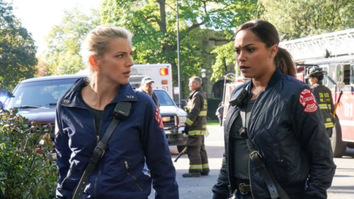 CHICAGO FIRE -- "The Whole Point of Being Roommates" Episode 608 -- Pictured: (l-r) Kara Killmer as Sylvie Brett, Monica Raymund as Gabriela Dawson -- (Photo by: Elizabeth Morris/NBC)