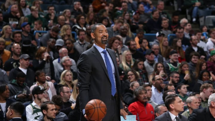 MILWAUKEE, WI - JANUARY 17: Assistant Coach Juwan Howard of the Miami Heat looks on during the game against the Milwaukee Bucks on January 17, 2018 at the BMO Harris Bradley Center in Milwaukee, Wisconsin. NOTE TO USER: User expressly acknowledges and agrees that, by downloading and or using this Photograph, user is consenting to the terms and conditions of the Getty Images License Agreement. Mandatory Copyright Notice: Copyright 2018 NBAE (Photo by Gary Dineen/NBAE via Getty Images)