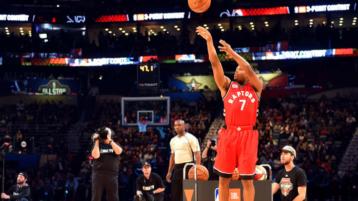 Feb 18, 2017; New Orleans, LA, USA; Toronto Raptors guard Kyle Lowry (7) competes in the three-point contest during NBA All-Star Saturday Night at Smoothie King Center. Mandatory Credit: Bob Donnan-USA TODAY Sports