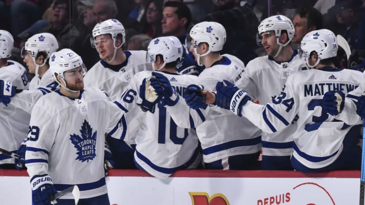 MONTREAL, QC – APRIL 06: William Nylander #29 of the Toronto Maple Leafs celebrates a second period goal with teammates on the bench against the Montreal Canadiens during the NHL game at the Bell Centre on April 6, 2019 in Montreal, Quebec, Canada. (Photo by Minas Panagiotakis/Getty Images)