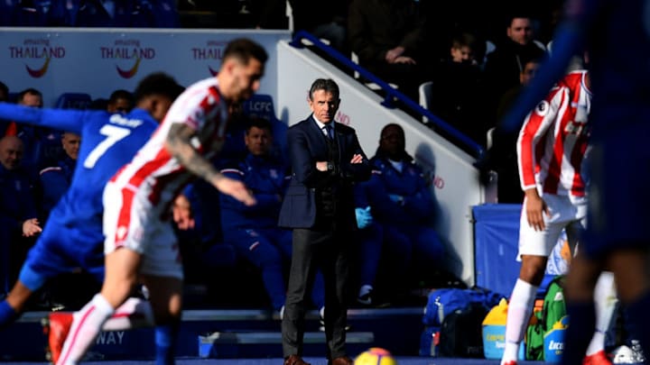 LEICESTER, ENGLAND - FEBRUARY 24: Claude Puel, Manager of Leicester City looks on during the Premier League match between Leicester City and Stoke City at The King Power Stadium on February 24, 2018 in Leicester, England. (Photo by Michael Regan/Getty Images)
