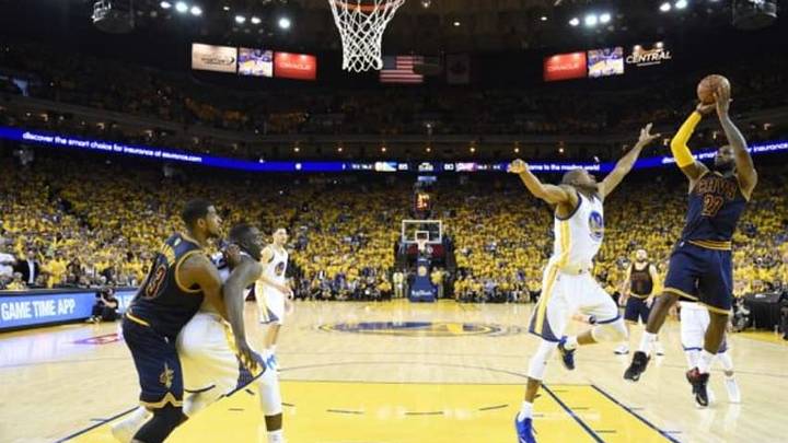 Jun 14, 2015; Oakland, CA, USA; Cleveland Cavaliers forward LeBron James (23) shoots the ball over Golden State Warriors guard Andre Iguodala (9) during the fourth quarter in game five of the NBA Finals at Oracle Arena. Mandatory Credit: Bob Donnan-USA TODAY Sports Jun 14, 2015; Oakland, CA, USA; Cleveland Cavaliers forward LeBron James (23) shoots the ball over Golden State Warriors guard Andre Iguodala (9) during the fourth quarter in game five of the NBA Finals at Oracle Arena. Mandatory Credit: Bob Donnan-USA TODAY Sports