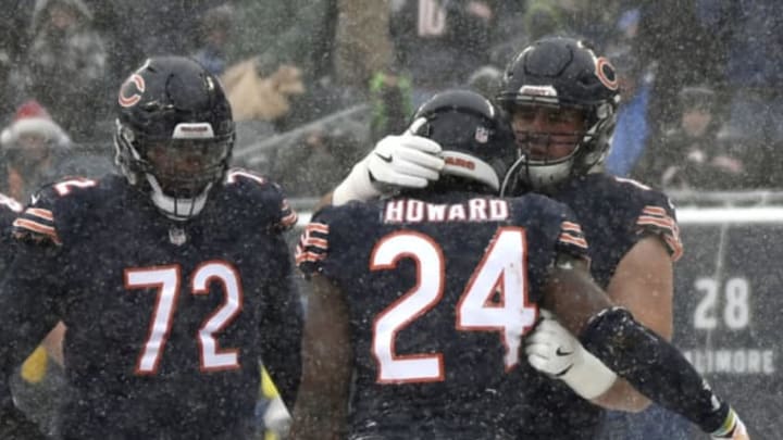 CHICAGO, IL – DECEMBER 24: Jordan Howard #24 and Cody Whitehair #65 of the Chicago Bears celebrate after Howard scored against the Cleveland Browns in the first quarter at Soldier Field on December 24, 2017 in Chicago, Illinois. (Photo by David Banks/Getty Images)