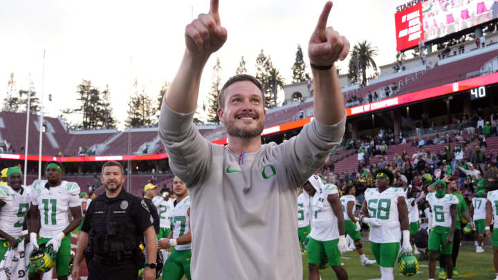 Sep 30, 2023; Stanford, California, USA; Oregon Ducks head coach Dan Lanning celebrates after defeating the Stanford Cardinal at Stanford Stadium. Mandatory Credit: Darren Yamashita-USA TODAY Sports