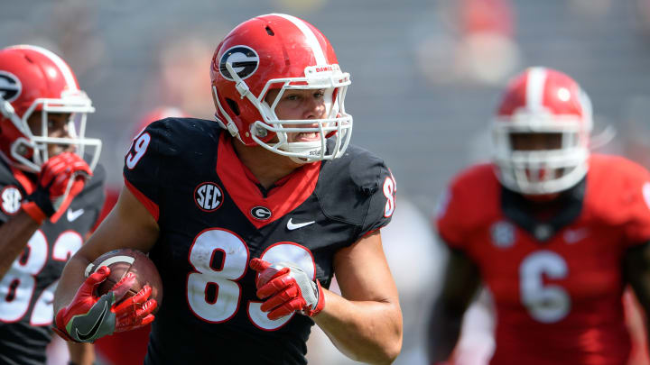Apr 22, 2017; Athens, GA, USA; Georgia Bulldogs black team tight end Charlie Woerner (89) runs for a touchdown against the red team during the second half during the Georgia Spring Game at Sanford Stadium. Red defeated Black 25-22. Mandatory Credit: Dale Zanine-USA TODAY Sports
