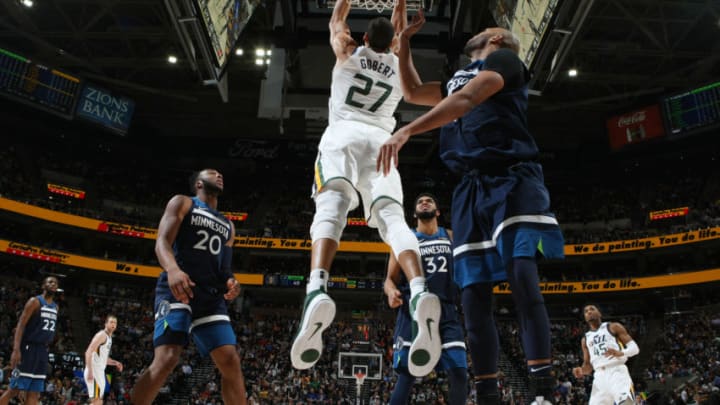 SALT LAKE CITY, UT - JANUARY 25: Rudy Gobert #27 of the Utah Jazz drives to the basket during the game against the Minnesota Timberwolves on January 25, 2019 at Vivint Smart Home Arena in Salt Lake City, Utah. NOTE TO USER: User expressly acknowledges and agrees that, by downloading and or using this Photograph, User is consenting to the terms and conditions of the Getty Images License Agreement. Mandatory Copyright Notice: Copyright 2019 NBAE (Photo by Melissa Majchrzak/NBAE via Getty Images)