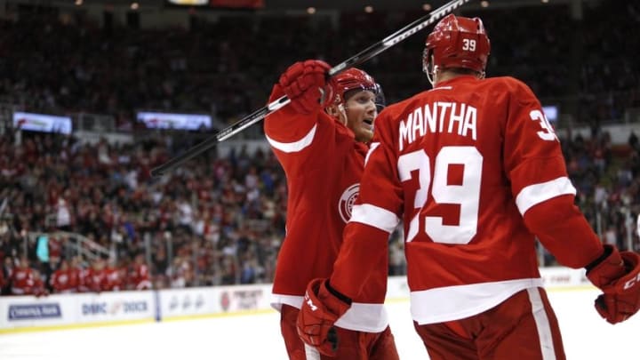 Nov 20, 2016; Detroit, MI, USA; Detroit Red Wings right wing Gustav Nyquist (14) celebrates with right wing Anthony Mantha (39) after a goal during the third period against the Calgary Flames at Joe Louis Arena. Flames won 3-2. Mandatory Credit: Raj Mehta-USA TODAY Sports