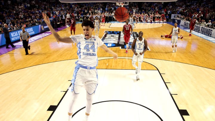 Mar 19, 2017; Greenville, SC, USA; North Carolina Tar Heels forward Justin Jackson (44) dunks the ball in the closing second of the game against the Arkansas Razorbacks in the second round of the 2017 NCAA Tournament at Bon Secours Wellness Arena. Mandatory Credit: Bob Donnan-USA TODAY Sports