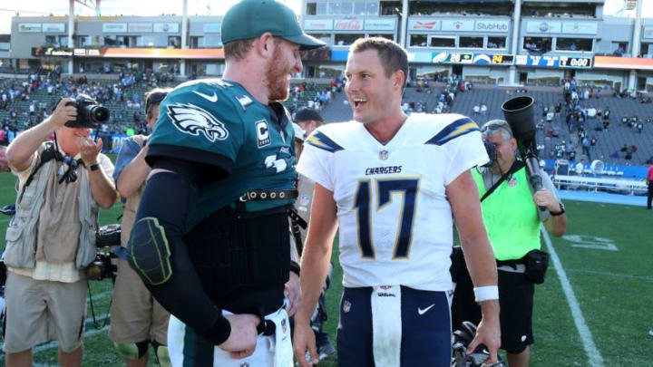 CARSON, CA - OCTOBER 01: Philip Rivers #17 of the Los Angeles Chargers and Carson Wentz #11 of the Philadelphia Eagles are seen after the NFL game at StubHub Center on October 1, 2017 in Carson, California. (Photo by Stephen Dunn/Getty Images)