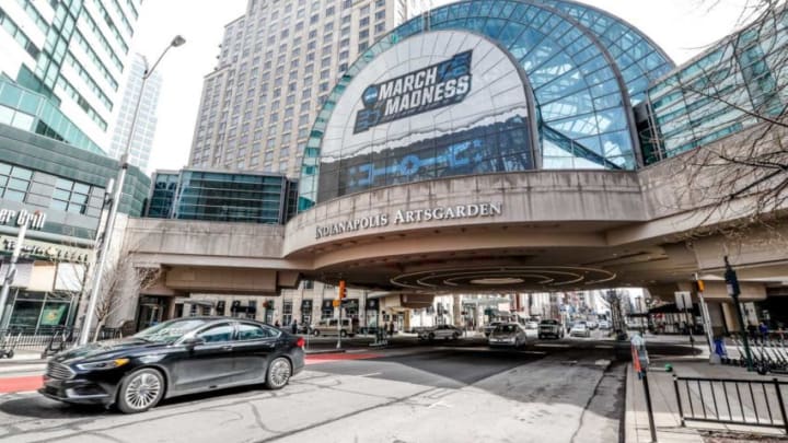 A March Madness banner adorns the Indianapolis Arts Garden for the NCAA basketball championship in downtown Indianapolis, Wednesday, March 17, 2021.Finals 2