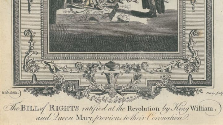 An engraving showing the English Bill of Rights being presented to William and Mary (William III of England and Mary II of England), 1689.