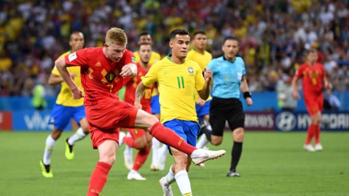 KAZAN, RUSSIA - JULY 06: Kevin De Bruyne of Belgium scores his team's second goal during the 2018 FIFA World Cup Russia Quarter Final match between Brazil and Belgium at Kazan Arena on July 6, 2018 in Kazan, Russia. (Photo by Laurence Griffiths/Getty Images)