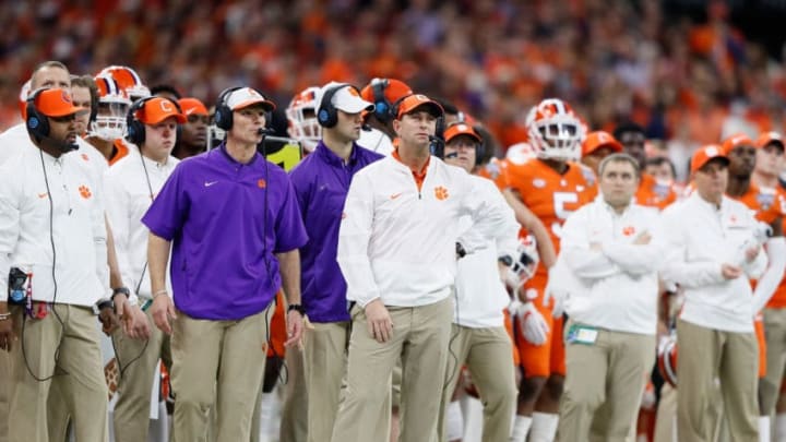 NEW ORLEANS, LA - JANUARY 01: Head coach Dabo Swinney of the Clemson Tigers react in the first quarter of the AllState Sugar Bowl against the Alabama Crimson Tide at the Mercedes-Benz Superdome on January 1, 2018 in New Orleans, Louisiana. (Photo by Jamie Squire/Getty Images)