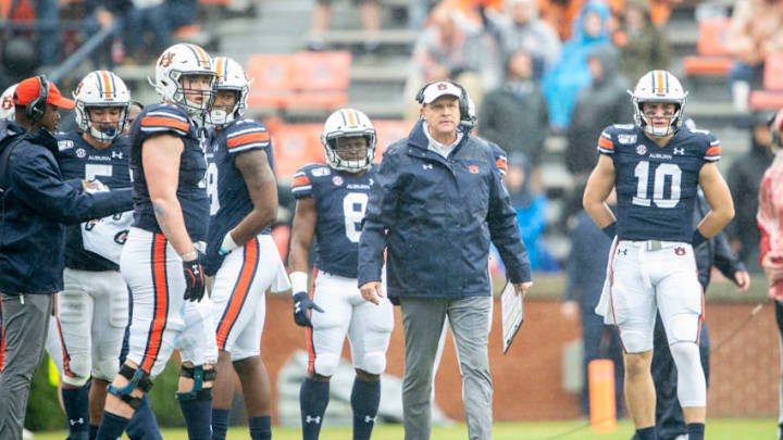 AUBURN, AL - NOVEMBER 23: Head coach Gus Malzahn of the Auburn Tigers on the sidelines during their game against the Samford Bulldogs at Jordan-Hare Stadium on November 23, 2019 in Auburn, Alabama. (Photo by Michael Chang/Getty Images)