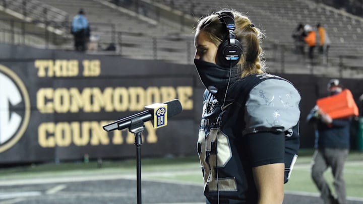 Dec 12, 2020; Nashville, TN, USA; Vanderbilt place kicker Sarah Fuller (32) talks to the media after the game against Tennessee at Vanderbilt Stadium Saturday, Dec. 12, 2020 in Nashville, Tenn. Mandatory Credit: George Walker IV-USA TODAY NETWORK