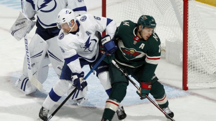 ST. PAUL, MN - OCTOBER 20: Anton Stralman #6 of the Tampa Bay Lightning and Zach Parise #11 of the Minnesota Wild battle for space during a game between the Minnesota Wild and Tampa Bay Lightning at Xcel Energy Center on October 20, 2018 in St. Paul, Minnesota.(Photo by Bruce Kluckhohn/NHLI via Getty Images)