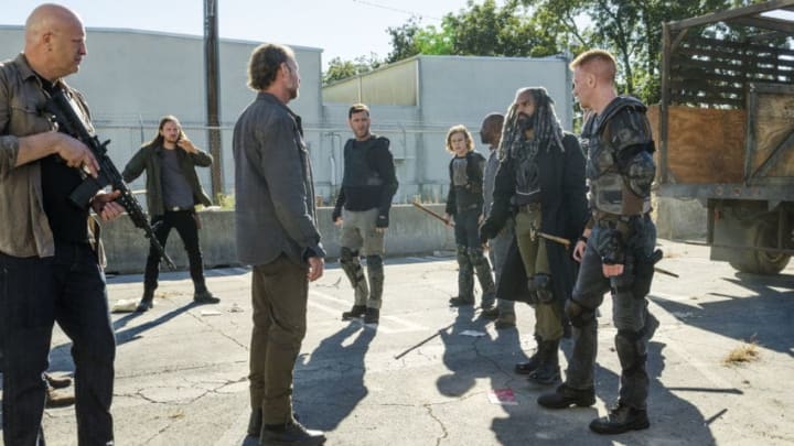 Khary Payton as Ezekiel, Lennie James as Morgan Jones, Jayson Warner Smith as Gavin, Joshua Mikel as Jared, Karl Makinen as Richard, Daniel Newman as Daniel, Logan Miller as Benjamin - The Walking Dead _ Season 7, Episode 13 - Photo Credit: Gene Page/AMC