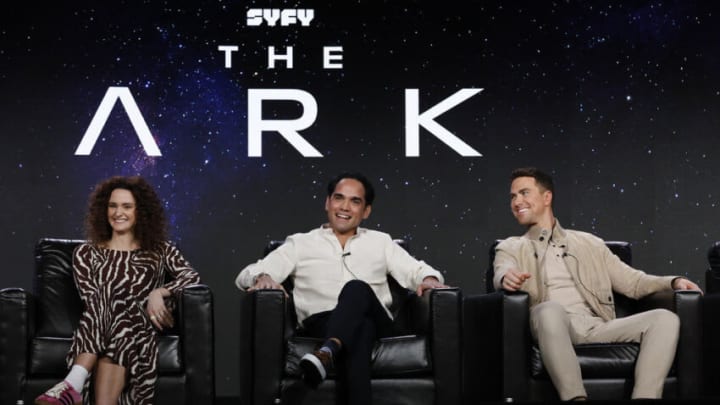 NBCUNIVERSAL EVENTS -- NBCUniversal Press Tour, January 15, 2023 - SYFY’s “The Ark” Panel -- Pictured: (l-r) Christie Burke, Reece Ritchie, Richard Fleeshman -- (Photo by: Trae Patton/Syfy)