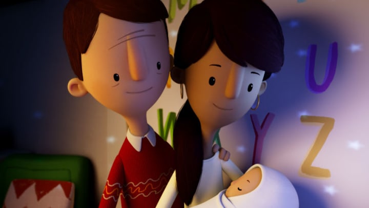 Aiden (Chris O’Dowd), Nora (Ruth Negga) and Finn (Jacob Tremblay) in “Here We Are: Notes for Living on Planet Earth,” the new original animated short film premiering on Friday, April 17th on Apple TV+.