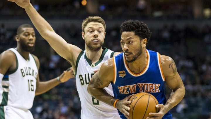 Mar 8, 2017; Milwaukee, WI, USA; New York Knicks guard Derrick Rose (25) drives for the basket during the first quarter against the New York Knicks at BMO Harris Bradley Center. Mandatory Credit: Jeff Hanisch-USA TODAY Sports