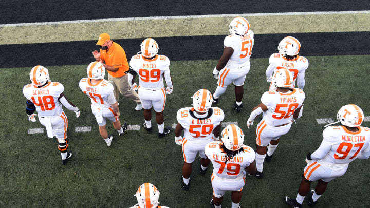 Dec 12, 2020; Nashville, Tennessee, USA; Tennessee Volunteers players wait to take the field before the game against the Vanderbilt Commodores at Vanderbilt Stadium. Mandatory Credit: Christopher Hanewinckel-USA TODAY Sports