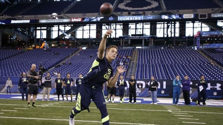 Feb 23, 2014; Indianapolis, IN, USA; San Jose State quarterback David Fales throws the ball during the 2014 NFL Combine at Lucas Oil Stadium. Mandatory Credit: Brian Spurlock-USA TODAY Sports