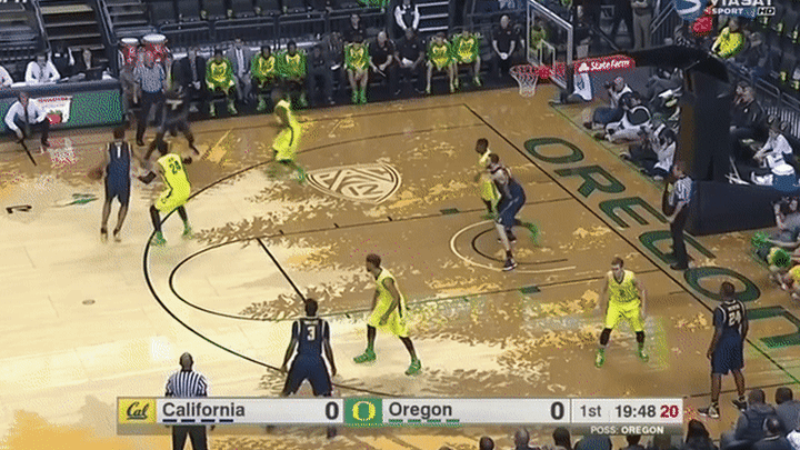 California @ Oregon - Brown getting stuck off dribble, between the legs dribble/crossover then picks up dribble