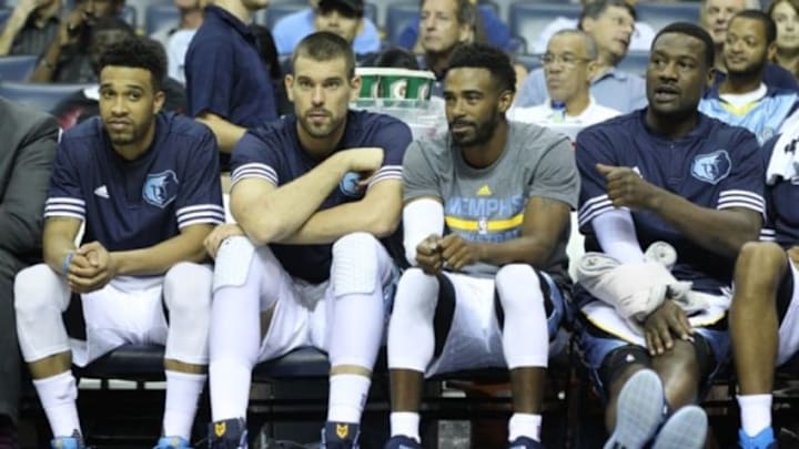 Oct 6, 2015; Memphis, TN, USA; Memphis Grizzlies guard Courtney Lee center Marc Gasol guard Nichael Conley and guard Tony Allen look on from the bench during the game against the Houston Rockets at FedExForum. Memphis defeated Houston 92-89. Mandatory Credit: Nelson Chenault-USA TODAY Sports