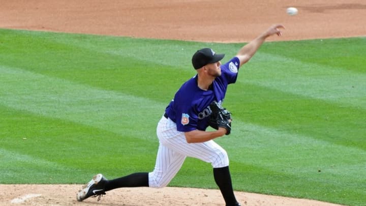 Mar 7, 2016; Salt River Pima-Maricopa, AZ, USA; Colorado Rockies starting pitcher Tyler Anderson (44) throws during the third inning against the Chicago Cubs at Salt River Fields at Talking Stick. Mandatory Credit: Matt Kartozian-USA TODAY Sports