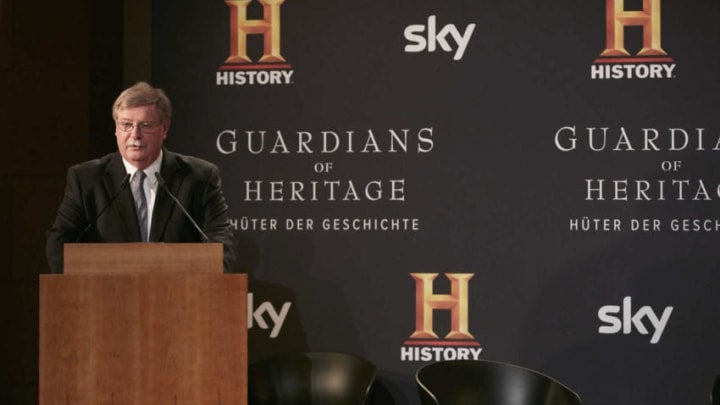 BERLIN, GERMANY - NOVEMBER 07: (EDITOR'S NOTE: Images only to be used with reference to HISTORY Germany.) Guenther Schauerte speaks on stage at the preview screening of the new documentary 'Guardians of Heritage - Hueter der Geschichte' by German TV channel HISTORY at Bode Museum on the Museum Island on November 7, 2017 in Berlin, Germany. (Photo by Sebastian Reuter/Getty Images for HISTORY Germany)
