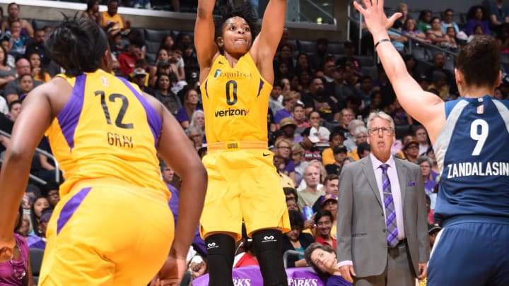 LOS ANGELES, CA – JUNE 3: Alana Beard #0 of the Los Angeles Sparks shoots the ball against the Minnesota Lynx on June 3, 2018 at STAPLES Center in Los Angeles, California. NOTE TO USER: User expressly acknowledges and agrees that, by downloading and or using this photograph, User is consenting to the terms and conditions of the Getty Images License Agreement. Mandatory Copyright Notice: Copyright 2018 NBAE (Photo by Adam Pantozzi/NBAE via Getty Images)